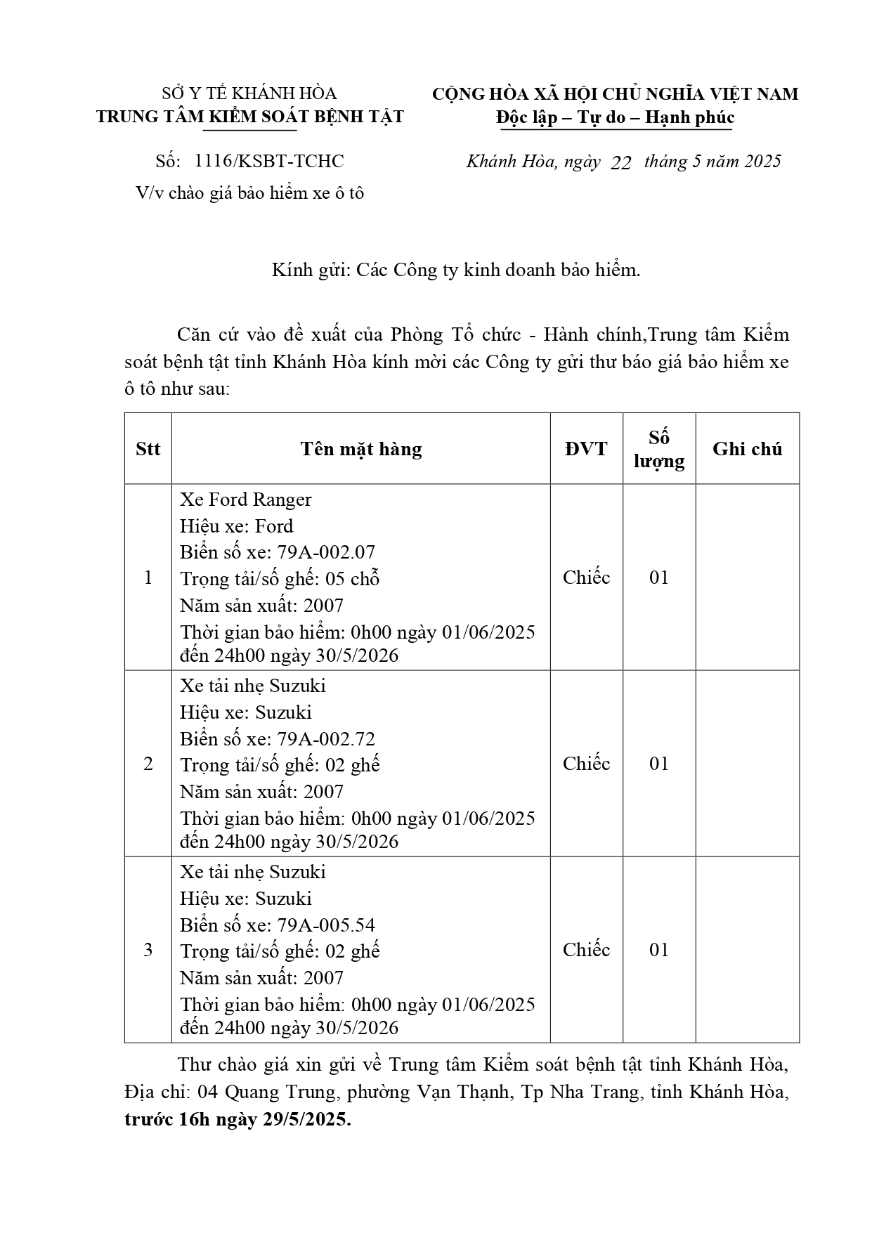 V/v chào giá bảo hiểm xe ô tô
